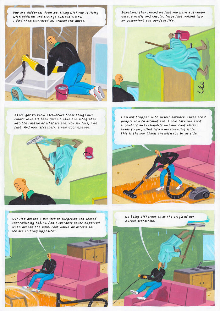 Surreal comic panels by Brecht Vandenbroucke showing funny, weird, and deep moments between two contrasting characters.