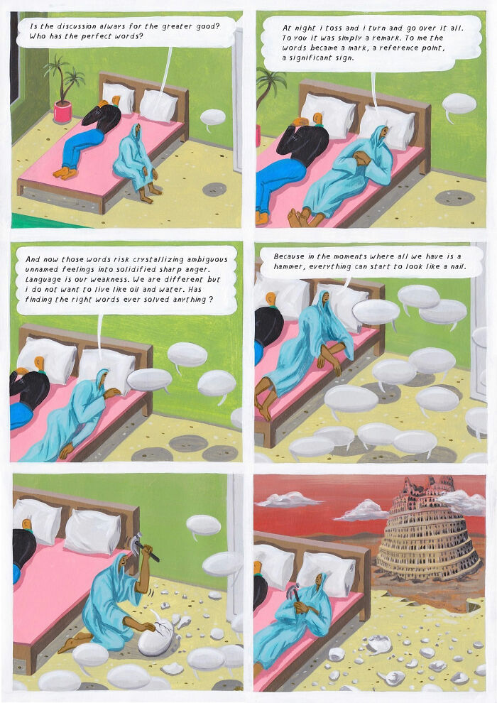 Surreal comic panels by Brecht Vandenbroucke showing a deep, weird conversation with thought bubbles and symbolic imagery.