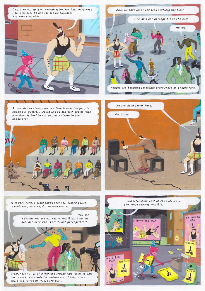 Surreal comic panels by Brecht Vandenbroucke showing invisible people and unexpected deep humor in a colorful style.