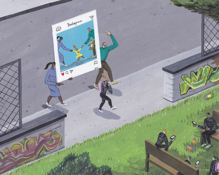 People walking with a giant Instagram frame in a surreal comic scene reflecting Brecht Vandenbroucke’s funny and weird style.