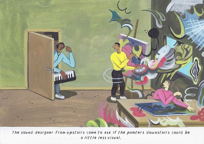 Surreal comic showing a sound designer asking painters downstairs to be less visual in a humorous scene.