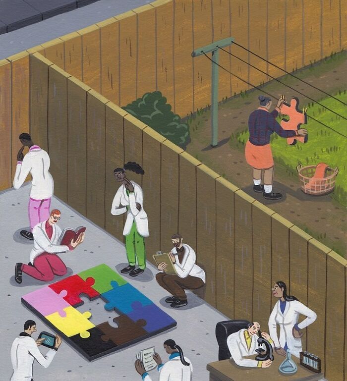 Surreal comic scene showing scientists solving a colorful puzzle and a woman hanging a puzzle piece like laundry outside a fence.