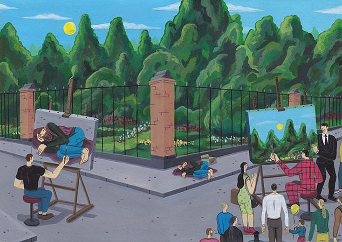 Surreal comics showing an artist painting a man inside a canvas, blending reality and imagination outdoors by greenery.