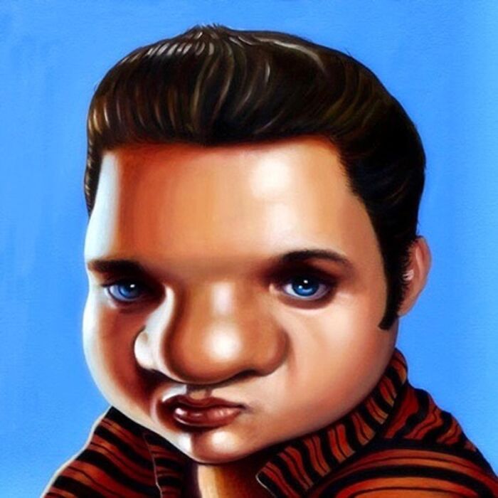 Exaggerated portrait of a man with large facial features and blue eyes, combining absurd and endearing artistic style.