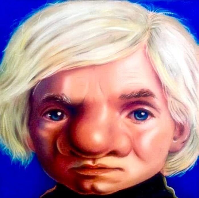 Exaggerated portrait of a person with large nose and blue eyes, showcasing artist's absurd and endearing style.