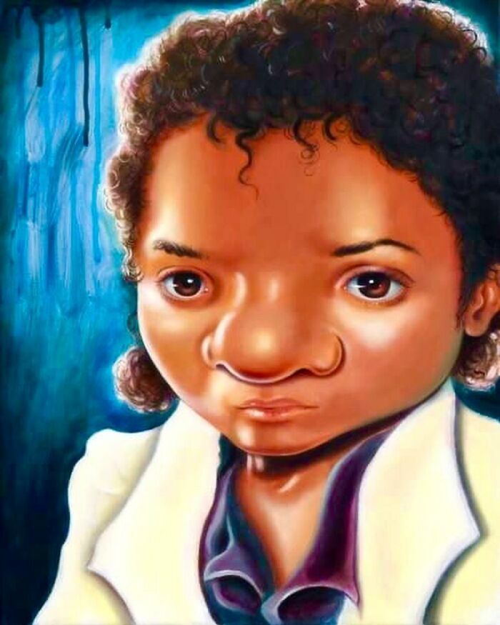 Exaggerated portrait of a young person with large features, showcasing artist's unique blend of absurd and endearing style.