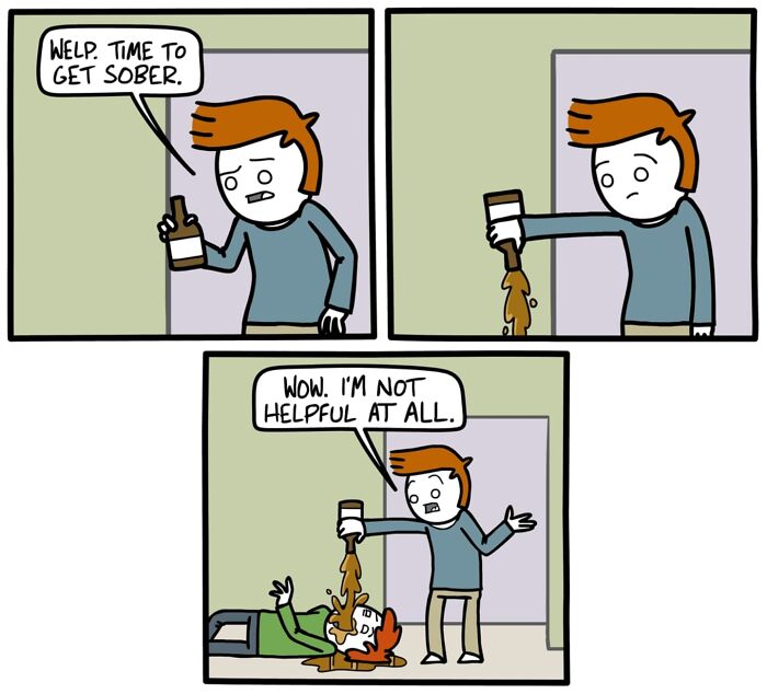 Comic strip showing a character pouring a drink on another, illustrating dark comics with unexpected endings.