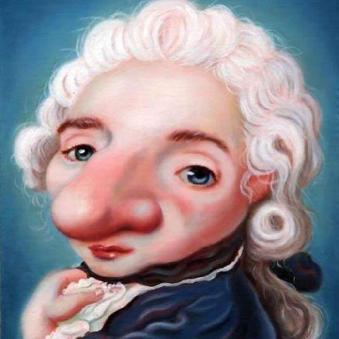 Exaggerated portrait of a person with a large nose and curly white hair in an absurd and endearing artistic style.