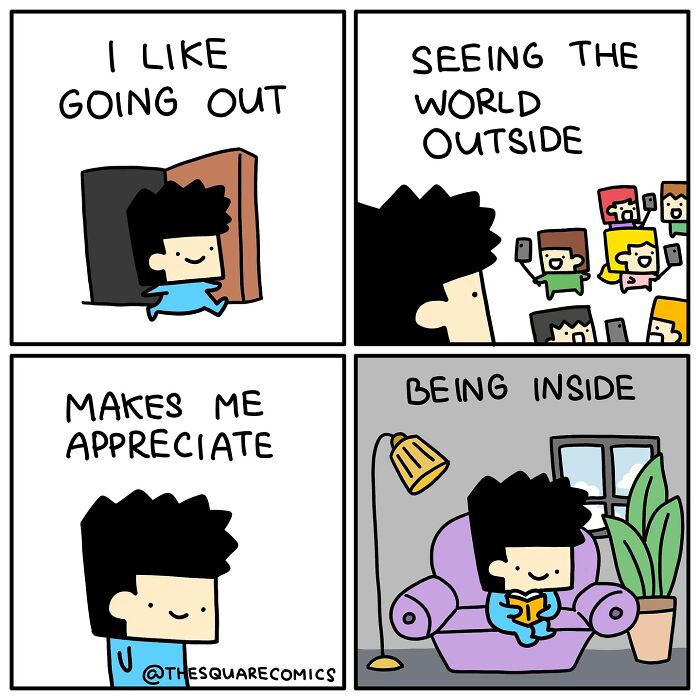 Comic panel humorously capturing the struggle of adulthood with darkly funny moments about going out and staying inside.