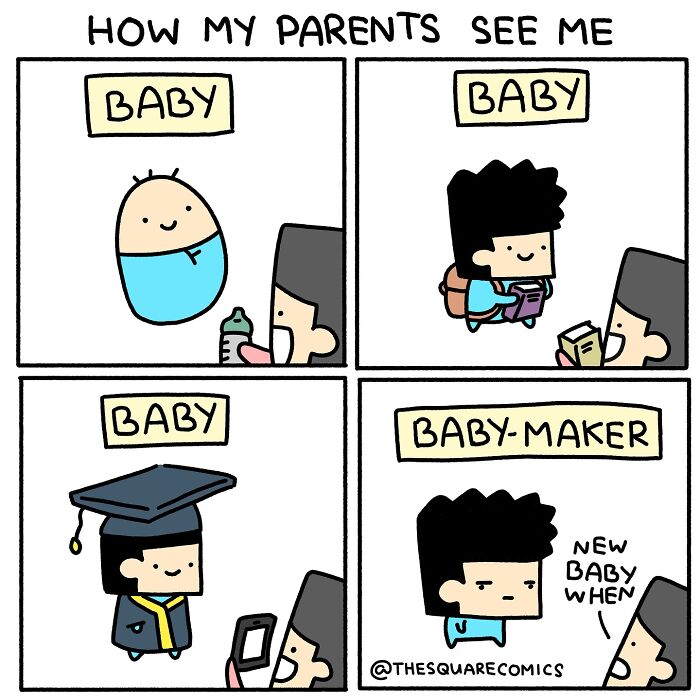 Comic illustrating the struggle of adulthood with parents always seeing their child as a baby in darkly funny style.
