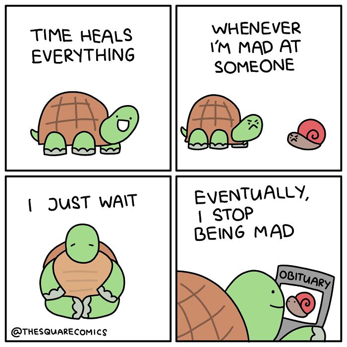 Darkly funny comic featuring a turtle and snail illustrating the struggle of adulthood with patience and moving on.