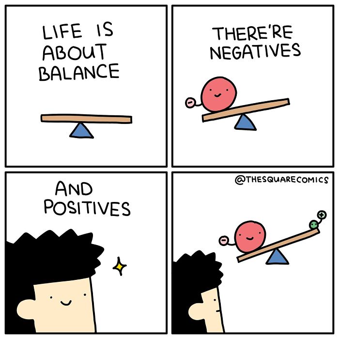 Darkly funny comic showing the struggle of adulthood using a seesaw to balance negatives and positives.