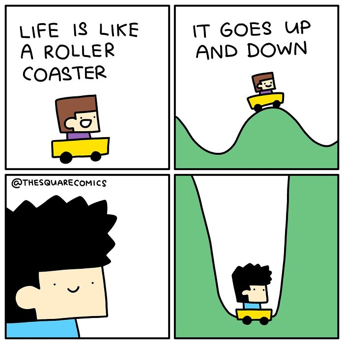 Comic illustrating the struggle of adulthood as a roller coaster with ups and downs, capturing darkly funny moments.