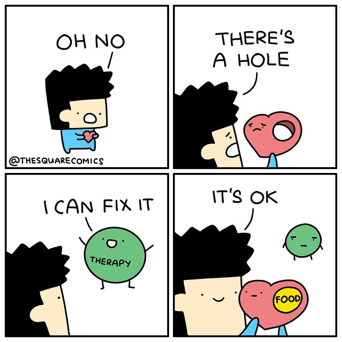 Comic panels showing a character’s heart with a hole, fixed by therapy, then healed with food in a darkly funny adulthood comic.
