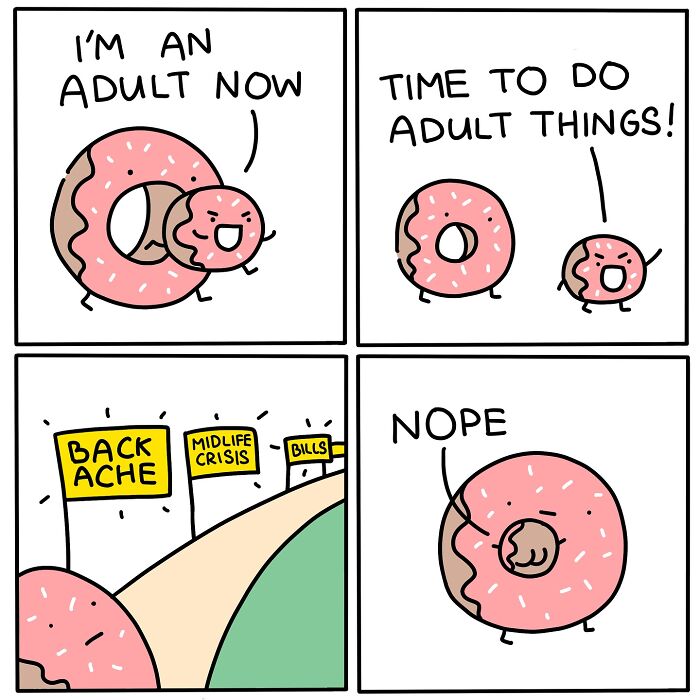 Cartoon donuts humorously illustrating the struggle of adulthood with backache, midlife crisis, and bills in a darkly funny comic panel.