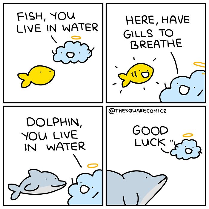Comic strip showing a cloud character talking to fish and dolphin, humorously capturing the struggle of adulthood.