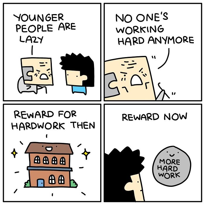 Comic illustrating the struggle of adulthood with darkly funny take on hard work and rewards across generations.