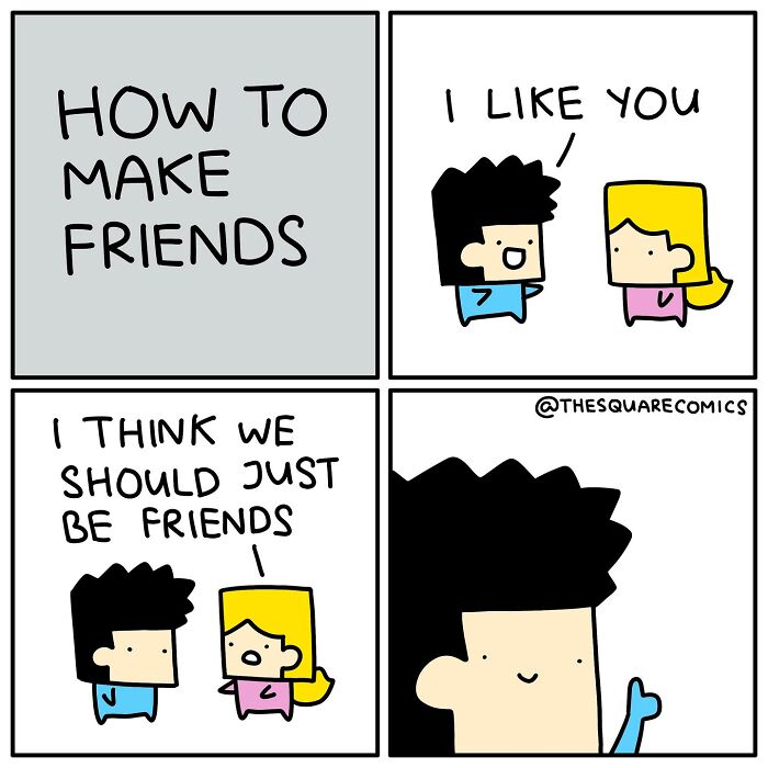 Darkly funny comic showing the struggle of adulthood with awkward friendship moments in a simple cartoon style.