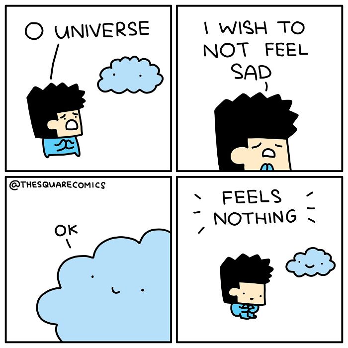 Darkly funny comic shows a character pleading with the universe for relief, capturing the humor in adulthood struggles.