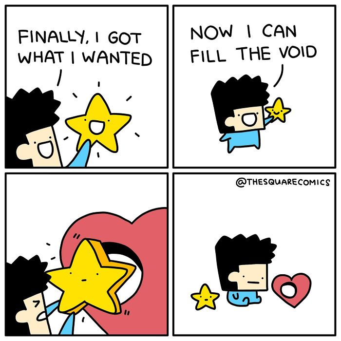 Darkly funny comic showing a character trying to fill the void with a star, capturing the struggle of adulthood.