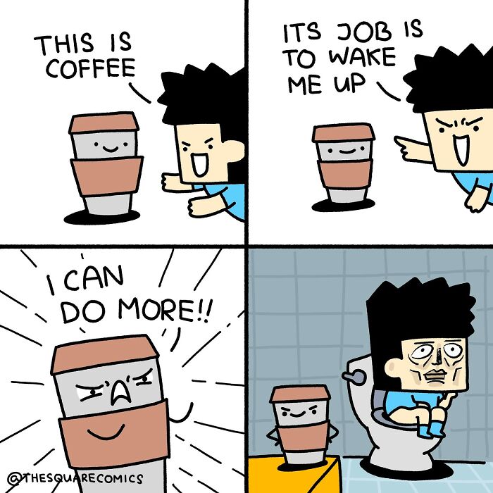 Comic showing coffee cup encouraging a tired adult, illustrating darkly funny comics about the struggle of adulthood.