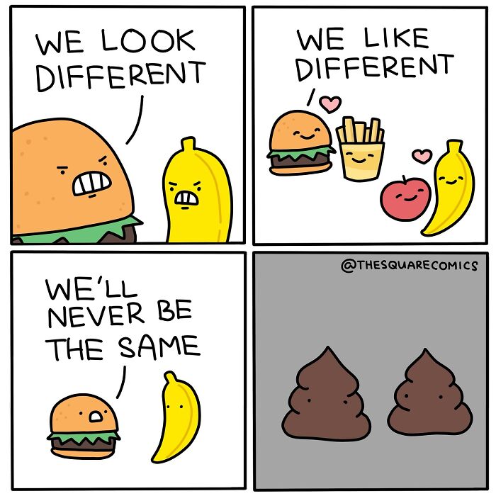 Darkly funny comic panels featuring a hamburger and banana humorously capturing the struggle of adulthood.