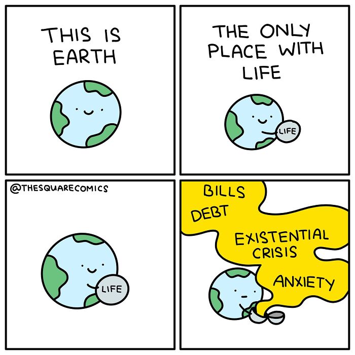 Comic showing Earth holding life and releasing yellow smoke labeled bills, debt, existential crisis, and anxiety, depicting adulthood struggle.