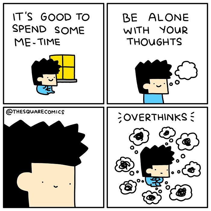 Comic illustrating the struggle of adulthood with a character spending me-time but ending up overthinking alone.