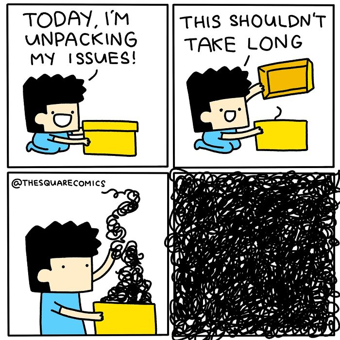 Comic strip of a character unpacking a box filled with tangled scribbles, illustrating the struggle of adulthood humor.