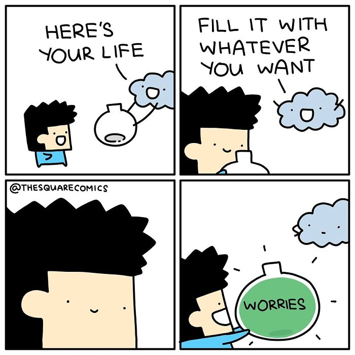 Cartoon comic illustrating adulthood struggle as a character fills a jar labeled worries, darkly funny comics about life challenges.