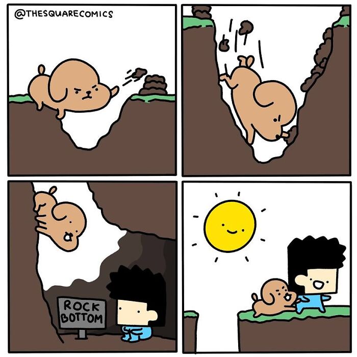 Darkly funny comic showing a dog falling to rock bottom and a person sitting sadly, capturing adulthood struggles.