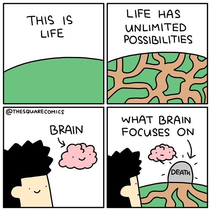 Darkly funny comic showing the struggle of adulthood with brain focusing only on death despite life's possibilities.