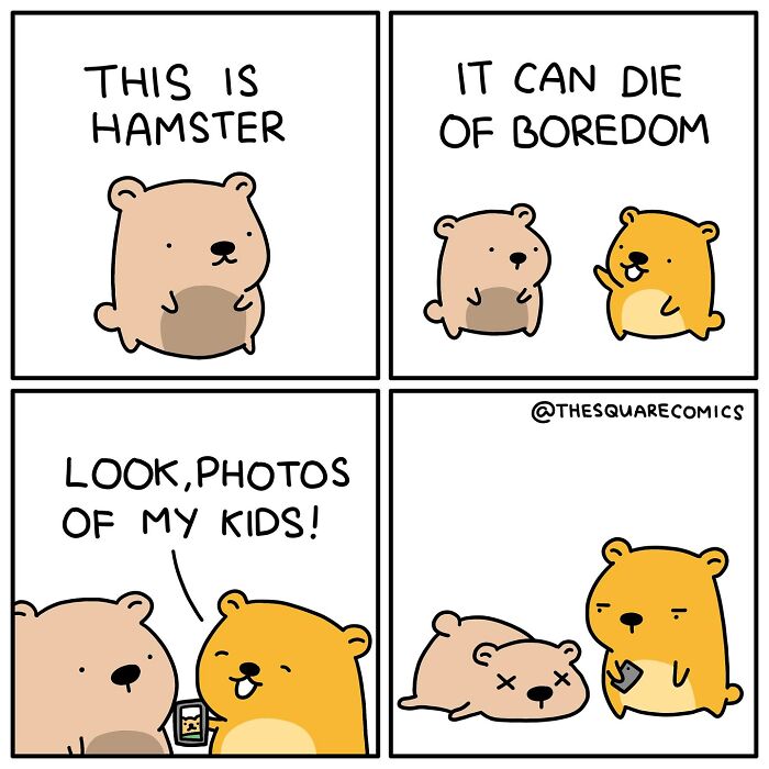 Darkly funny comic with cartoon hamsters humorously capturing the struggle of adulthood and boredom.
