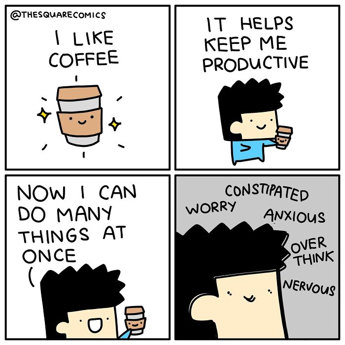 Darkly funny comic showing a character using coffee to stay productive while dealing with adulthood struggles.