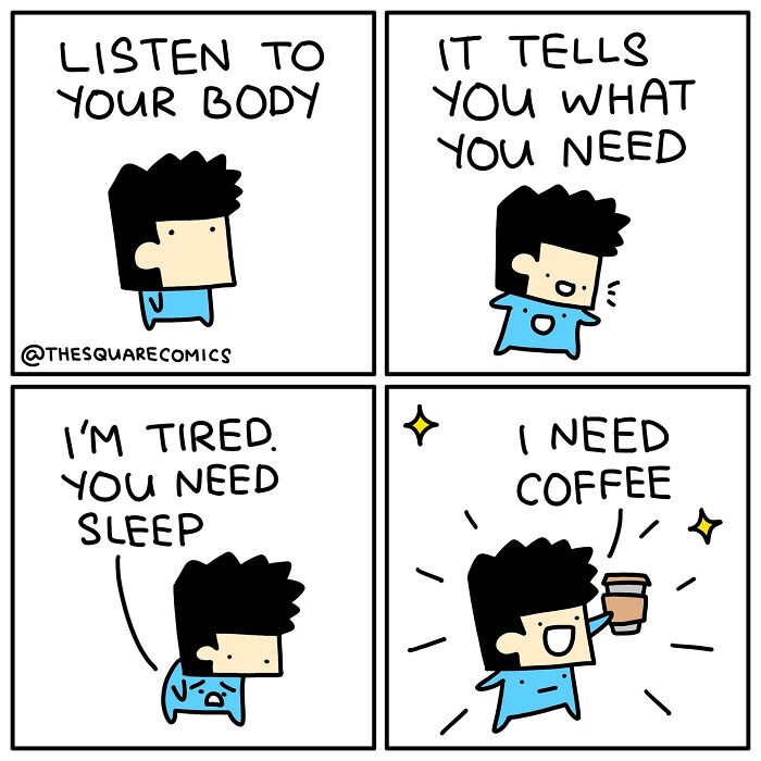 Darkly funny comic showing a character humorously expressing the struggle of adulthood needing coffee over sleep.