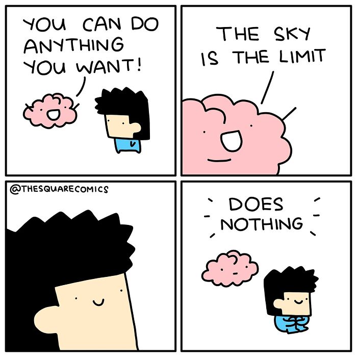 Darkly funny comic showing a person motivated by their brain but overwhelmed by the struggle of adulthood.