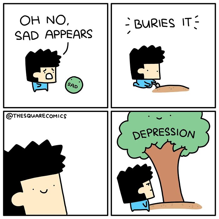Comic strip illustrating the struggle of adulthood with darkly funny themes of sadness turning into depression.