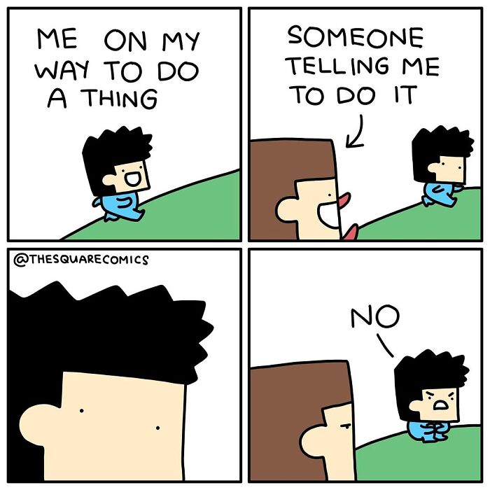 Comic strip illustrating the struggle of adulthood with a character refusing to do a task after being told.