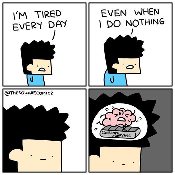 Cartoon showing the struggle of adulthood with a character constantly worrying even when doing nothing.