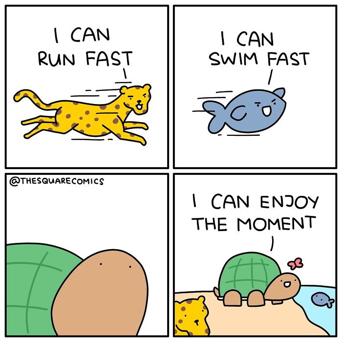 Comic strip showing a cheetah, fish, and turtle humorously portraying the struggle of adulthood with darkly funny comics.