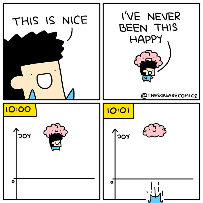 Darkly funny comic illustrating the struggle of adulthood with fleeting joy and sudden drops in happiness.