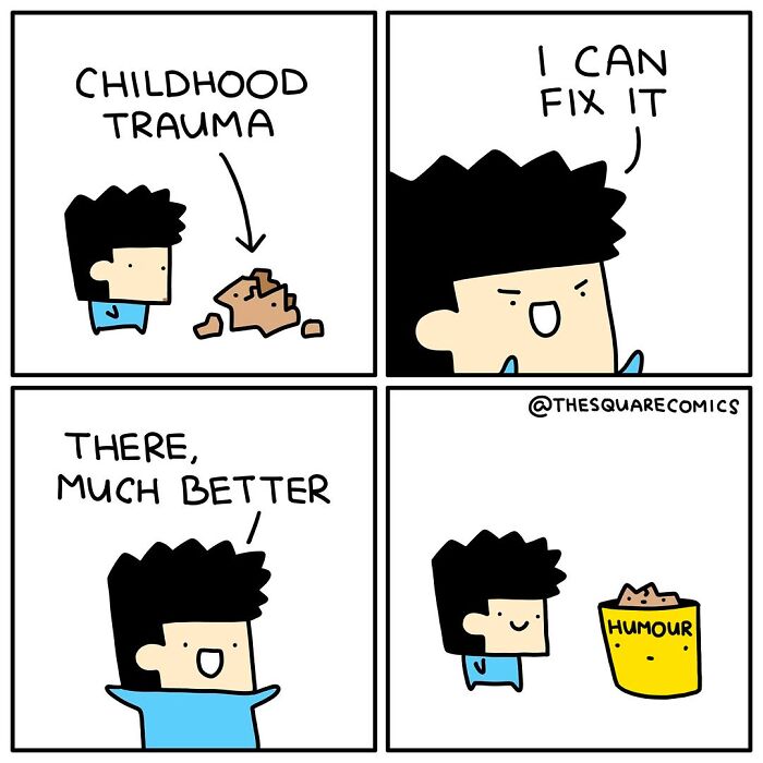 Darkly funny comic showing a character using humor to cope with childhood trauma, highlighting the struggle of adulthood.