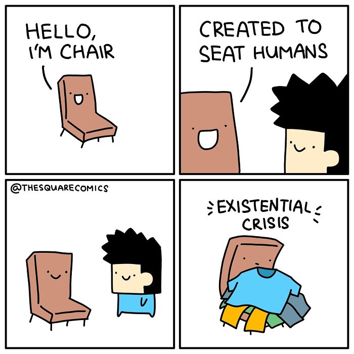Darkly funny comic showing a chair introducing itself and facing an existential crisis, capturing the struggle of adulthood.