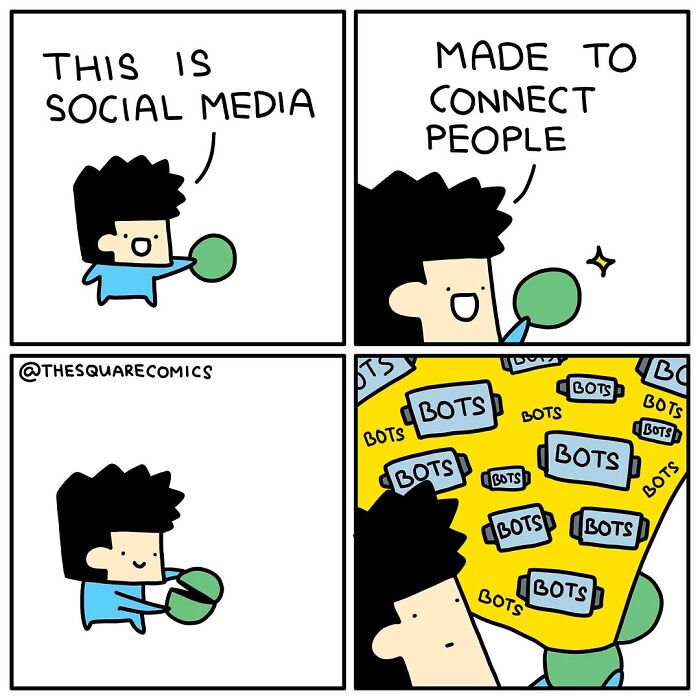 Comic strip showing a character humorously illustrating the struggle of adulthood with social media and online bots.
