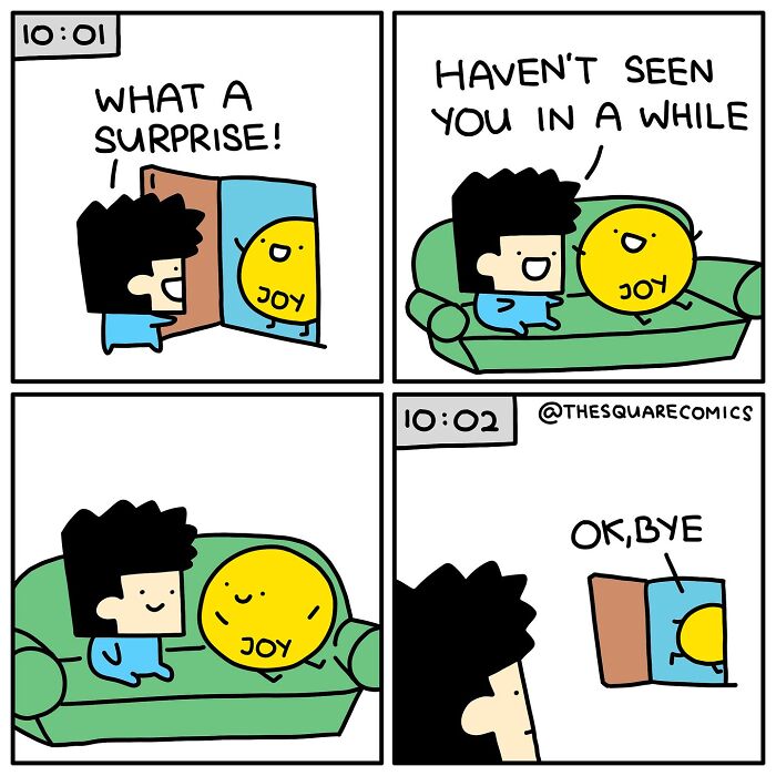 Darkly funny comic showing a person briefly reuniting with joy on a green couch, capturing adulthood struggles.