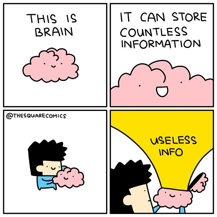 Cartoon brain humorously illustrating how it stores countless but mostly useless information, darkly funny comics about adulthood.