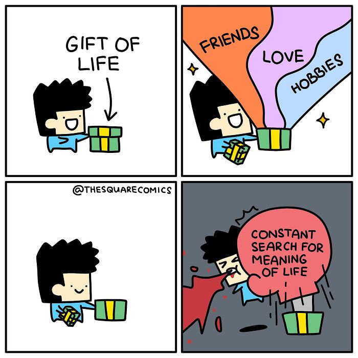 Comic strip showing a character receiving a gift labeled life, revealing friends, love, hobbies, and struggle with adulthood.