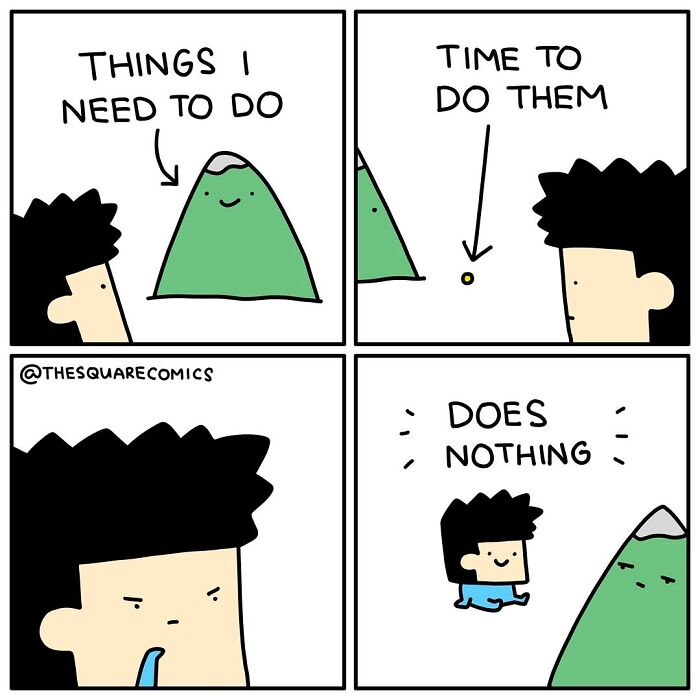Cartoon showing the struggle of adulthood with a mountain of tasks and small motivation to do them in a darkly funny comic style.