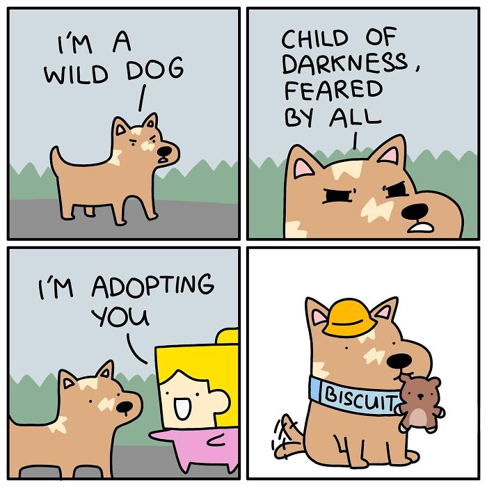 Darkly funny comic showing a dog claiming to be wild then adopting a person, capturing the struggle of adulthood humor.