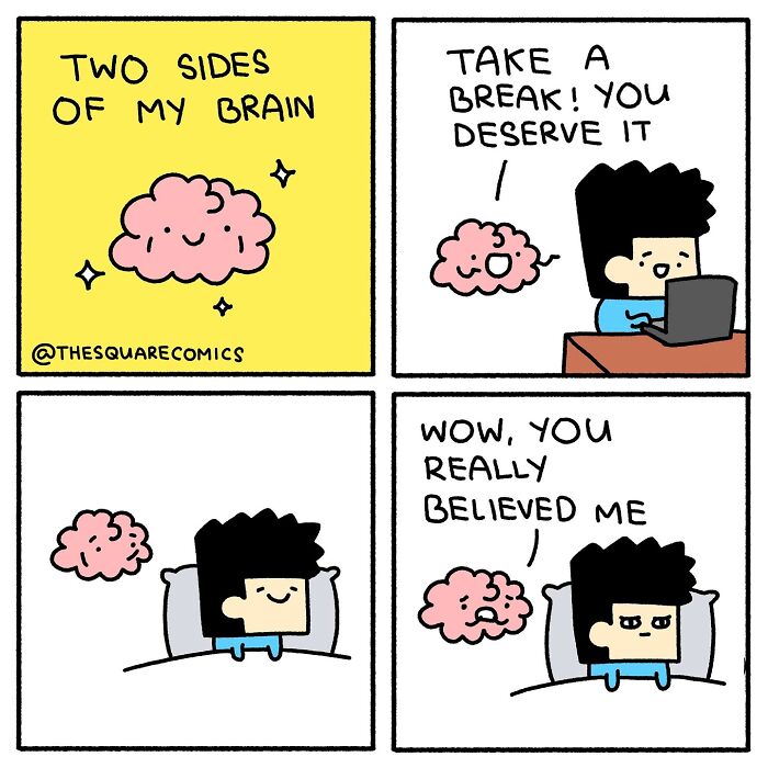 Comic showing two sides of a brain with a darkly funny twist, capturing the struggle of adulthood and self-deception.
